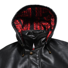 Load image into Gallery viewer, VERSACE SPORT ヴェルサーチ スポーツ フェイクレザーフーテッド ジャケット 303135 ブラック 赤チェックストライプ柄 46サイズ ゴールド金具 美品 中古 4a005004