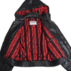 VERSACE SPORT Faux leather footed jacket 303135 Black Red check stripe pattern 46 size Gold hardware Good condition Used 4a005004