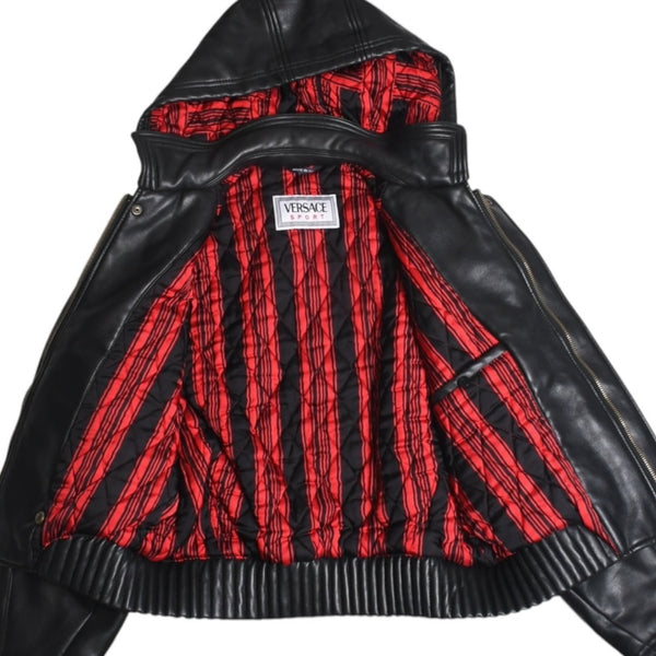 VERSACE SPORT Faux leather footed jacket 303135 Black Red check stripe pattern 46 size Gold hardware Good condition Used 4a005004
