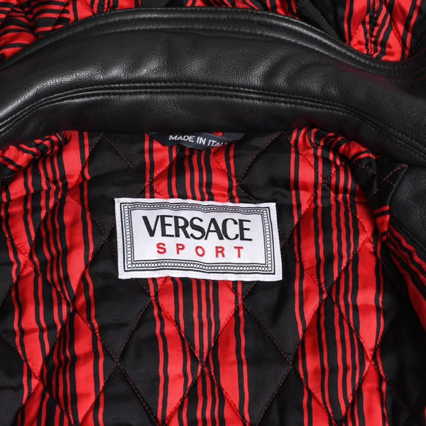 VERSACE SPORT Faux leather footed jacket 303135 Black Red check stripe pattern 46 size Gold hardware Good condition Used 4a005004