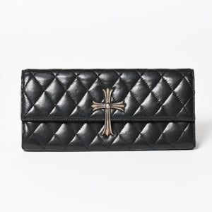 極美品 CHROME HEARTS クロムハーツ ディナーバッグ クラッチバッグ ラージクロス マトラッセ ラムスキン ブラック 中古 4a005179