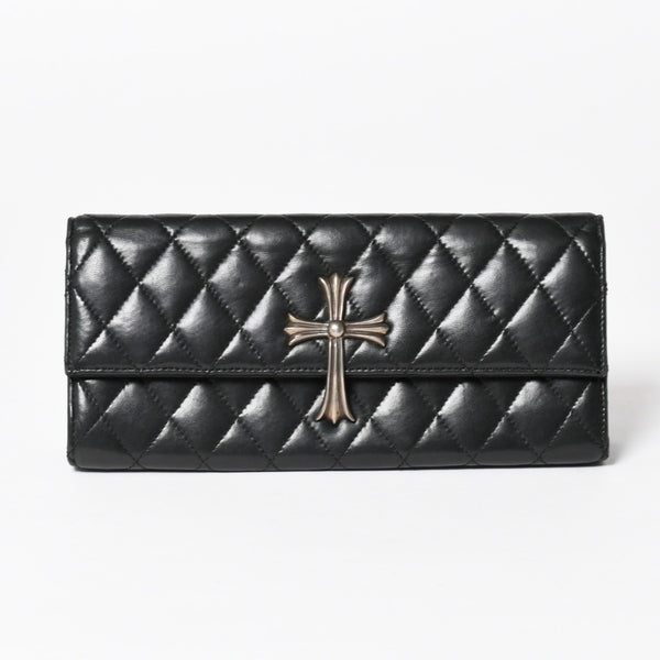 極美品 CHROME HEARTS クロムハーツ ディナーバッグ クラッチバッグ ラージクロス マトラッセ ラムスキン ブラック 中古 4a005179