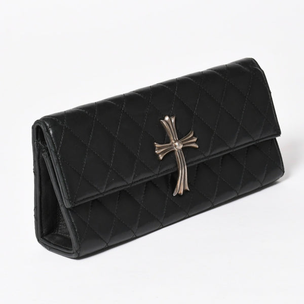 極美品 CHROME HEARTS クロムハーツ ディナーバッグ クラッチバッグ ラージクロス マトラッセ ラムスキン ブラック 中古 4a005179