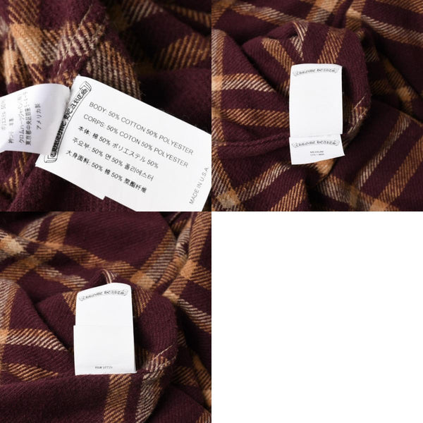 CHROME HEARTS クロムハーツ Y NOT WORK DOG フランネルチェックシャツ クロスボールボタン CHプラス ボルドー ベージュ 長袖シャツ レザー Mサイズ 美品 中古 4a005181