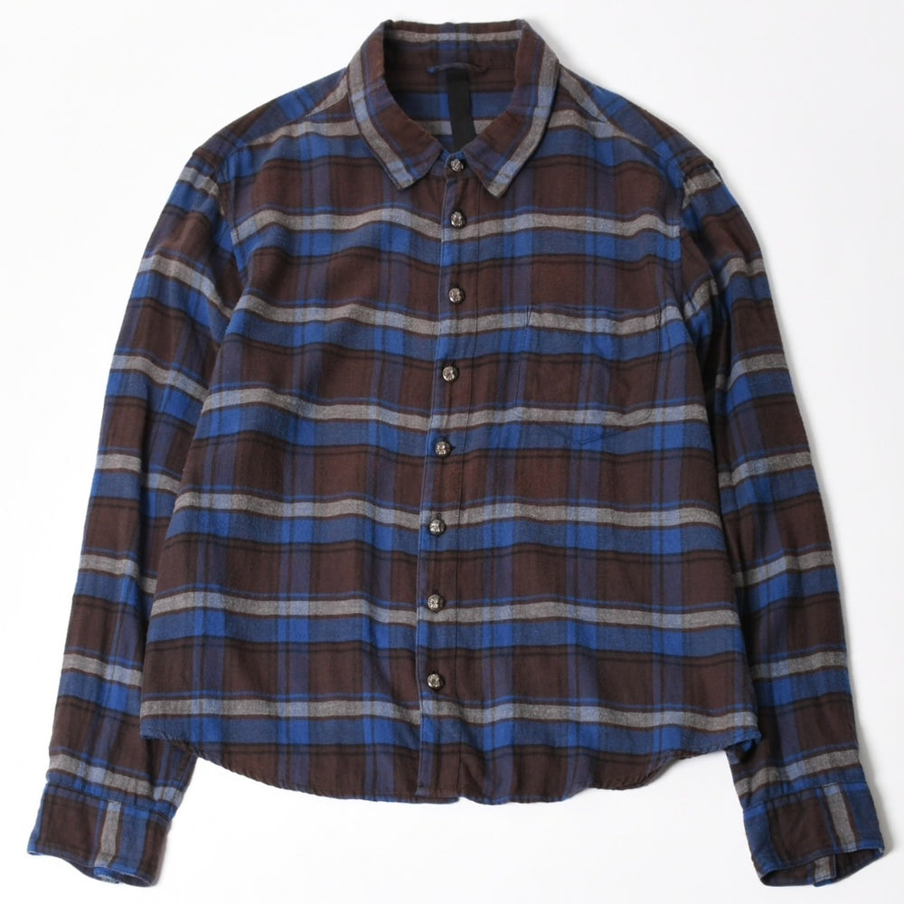 CHROME HEARTS Y NOT CH Plus Check Shirt CH Plus Brown Blue Gray Long Sleeve Shirt Leather Cross Patch L Size Good Condition Used 4a005192