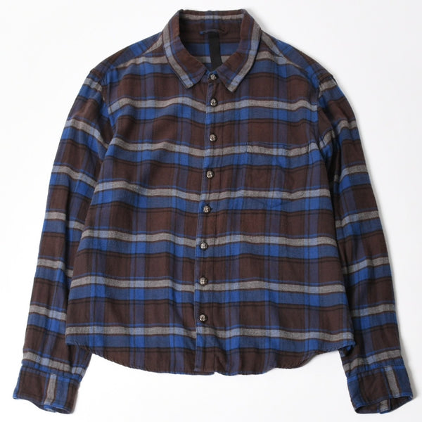 CHROME HEARTS クロムハーツ Y NOT CHプラス チェックシャツ CHプラス ブラウン ブルー グレー 長袖シャツ レザー クロスパッチ Lサイズ 美品 中古 4a005192