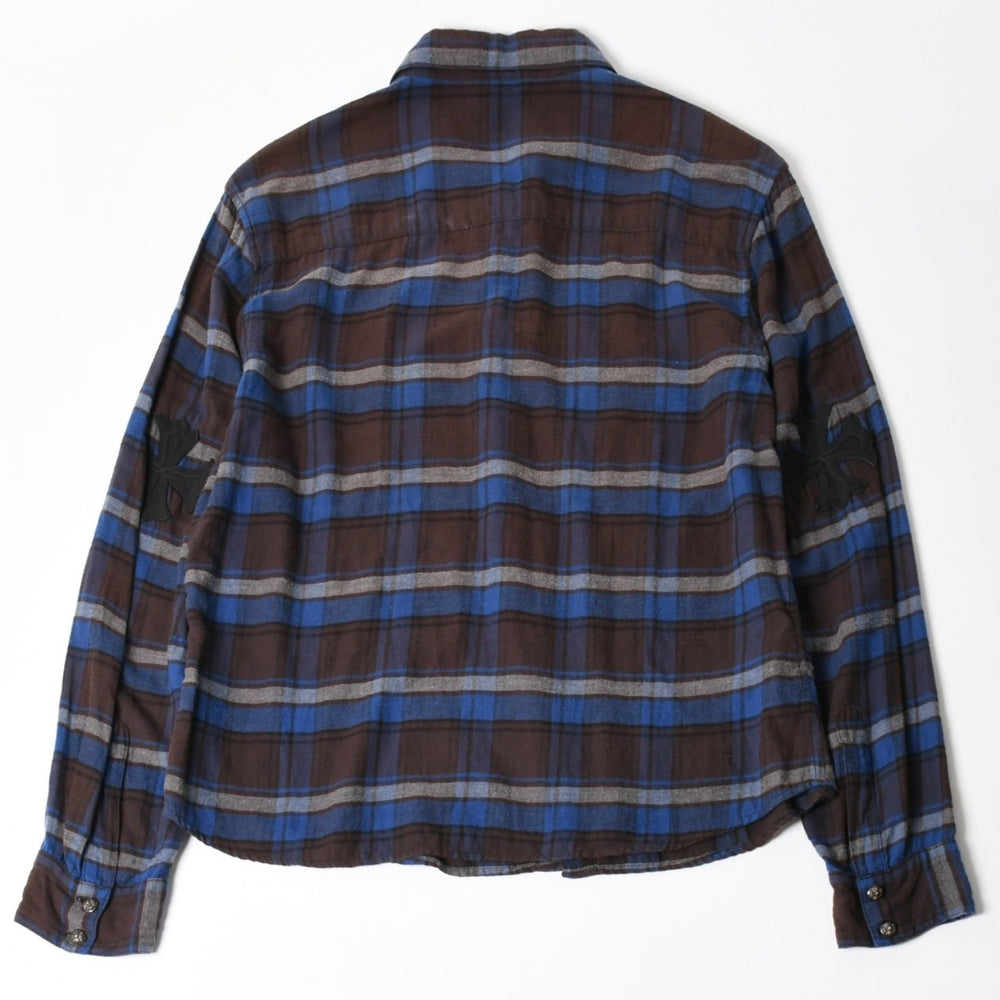 CHROME HEARTS Y NOT CH Plus Check Shirt CH Plus Brown Blue Gray Long Sleeve Shirt Leather Cross Patch L Size Good Condition Used 4a005192