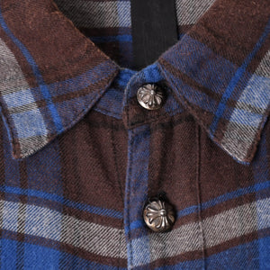 CHROME HEARTS クロムハーツ Y NOT CHプラス チェックシャツ CHプラス ブラウン ブルー グレー 長袖シャツ レザー クロスパッチ Lサイズ 美品 中古 4a005192