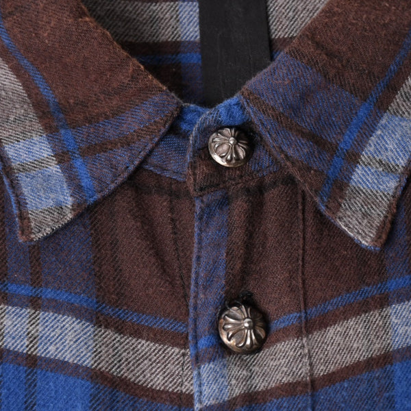 CHROME HEARTS クロムハーツ Y NOT CHプラス チェックシャツ CHプラス ブラウン ブルー グレー 長袖シャツ レザー クロスパッチ Lサイズ 美品 中古 4a005192