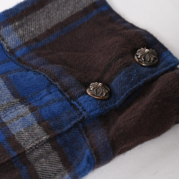 CHROME HEARTS クロムハーツ Y NOT CHプラス チェックシャツ CHプラス ブラウン ブルー グレー 長袖シャツ レザー クロスパッチ Lサイズ 美品 中古 4a005192