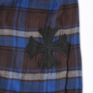 CHROME HEARTS クロムハーツ Y NOT CHプラス チェックシャツ CHプラス ブラウン ブルー グレー 長袖シャツ レザー クロスパッチ Lサイズ 美品 中古 4a005192