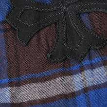 画像をギャラリービューアに読み込む, CHROME HEARTS クロムハーツ Y NOT CHプラス レザーパッチ チェックシャツ クロスボールボタン CHプラス ブラウン ブルー グレー 長袖シャツ レザー クロスパッチ Lサイズ シルバー925 美品 中古 4a005192