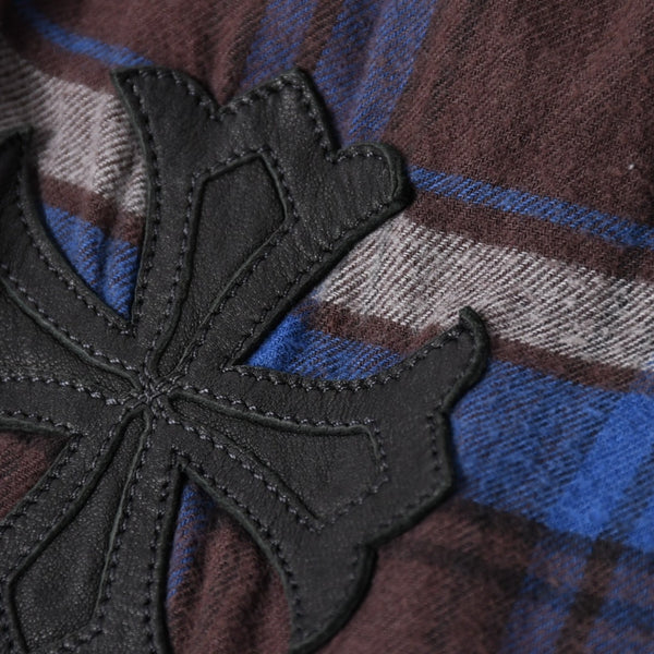 CHROME HEARTS クロムハーツ Y NOT CHプラス チェックシャツ CHプラス ブラウン ブルー グレー 長袖シャツ レザー クロスパッチ Lサイズ 美品 中古 4a005192