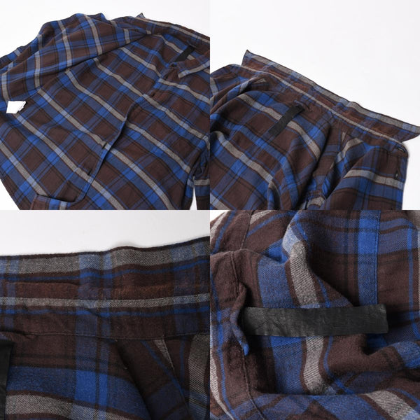 CHROME HEARTS クロムハーツ Y NOT CHプラス チェックシャツ CHプラス ブラウン ブルー グレー 長袖シャツ レザー クロスパッチ Lサイズ 美品 中古 4a005192