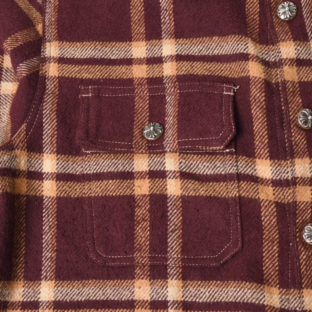 CHROME HEARTS Y NOT WORK DOG Flannel Check Shirt Cross Ball Button CH Plus Bordeaux Beige Long Sleeve Shirt Leather M Size Good Condition Used 4a005181
