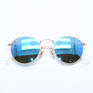 新品同様 Ray-Ban レイバン ROUND METAL サングラス アイウェア RB3447 112/4L サイズ50□21 145 ブルー ゴールド 中古 4a005064