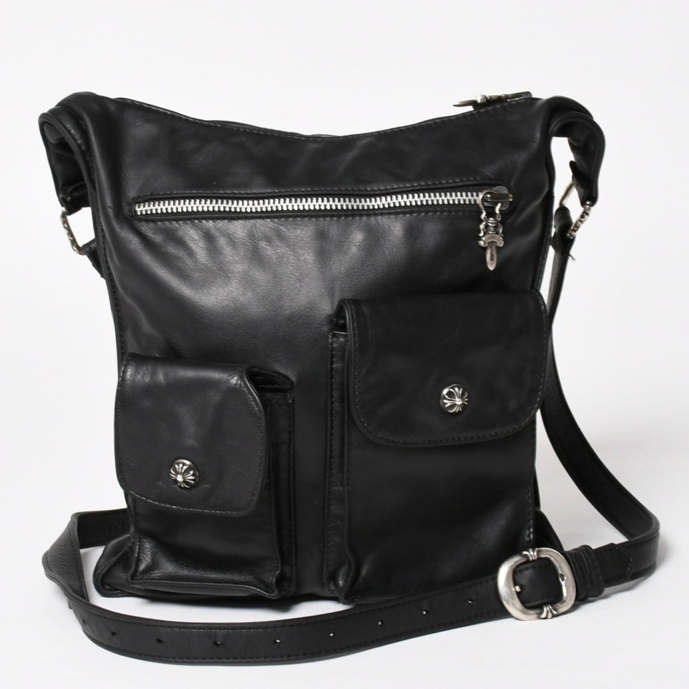 CHROME HEARTS F-SLINGER Leather Shoulder Bag Dagger Zip CH Plus Cross Ball Cemetery Cross Patch Black Leather Silver 925 Good Condition Used 4a005233