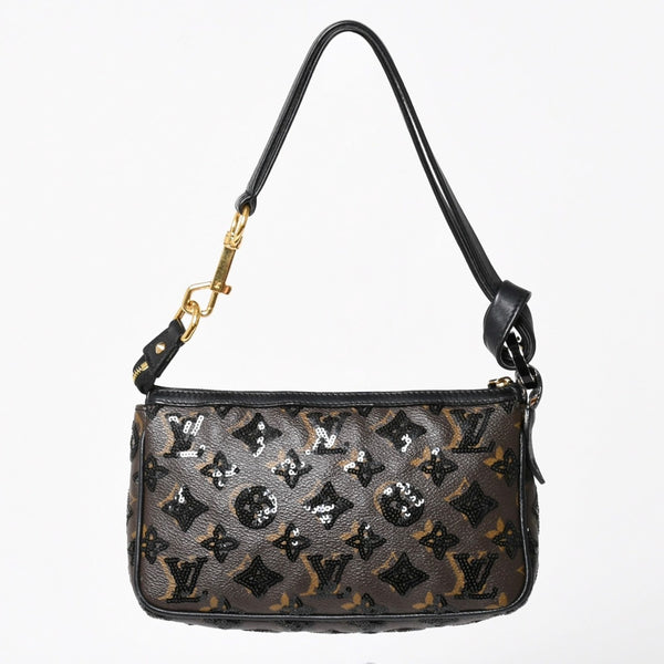 LOUIS VUITTON ルイヴィトン モノグラムスパンコール ポシェットアクセソワール ショルダーバッグ M26473 ブラック ブラウン ゴールド金具 美品 中古 4a004863