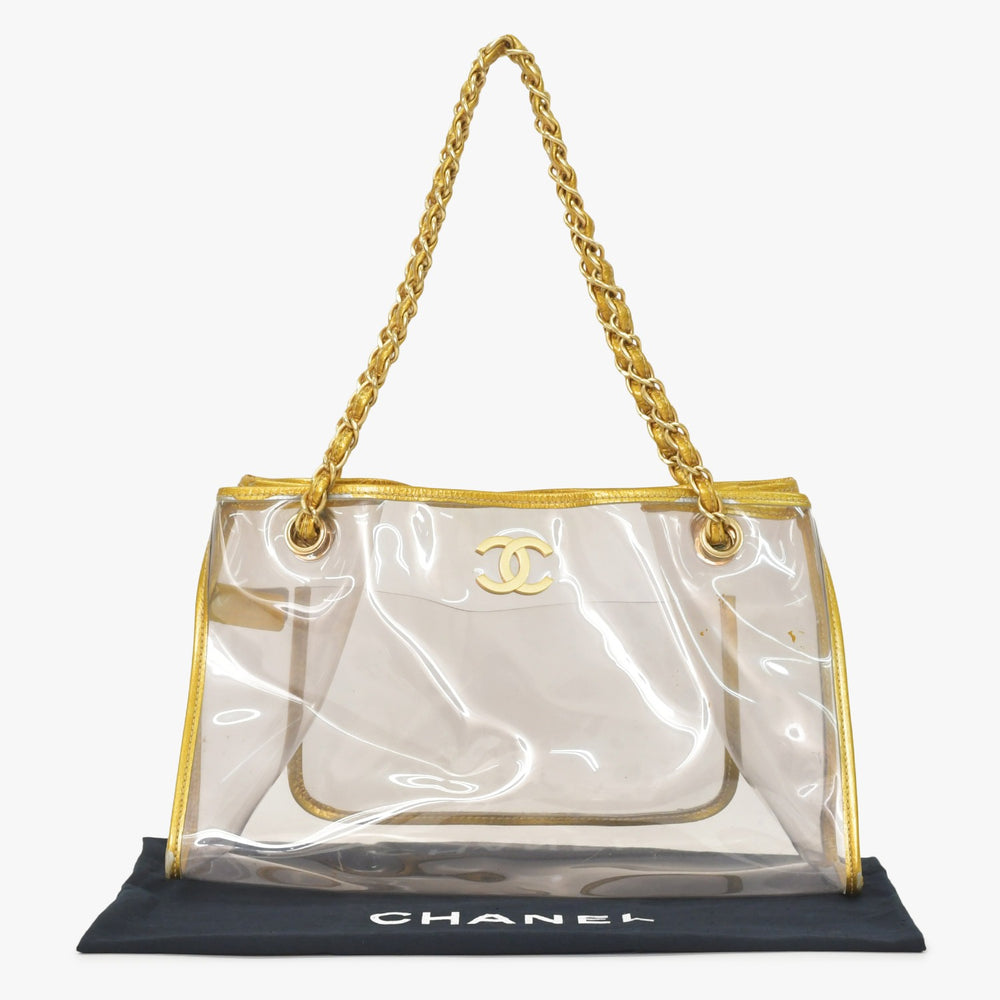 CHANEL Chain Tote Bag Coco Mark Vinyl Leather Gold Silver Clear Matte Gold Hardware Good Used 4a005254
