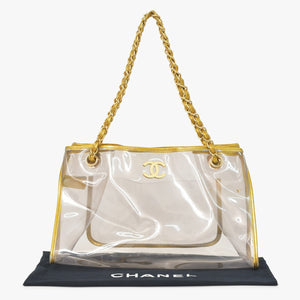 CHANEL シャネル チェーントートバッグ ココマーク ビニール レザー ゴールド シルバー クリア マットゴールド金具 良品 中古 4a005254