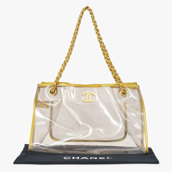 CHANEL シャネル チェーントートバッグ ココマーク ビニール レザー ゴールド シルバー クリア マットゴールド金具 良品 中古 4a005254