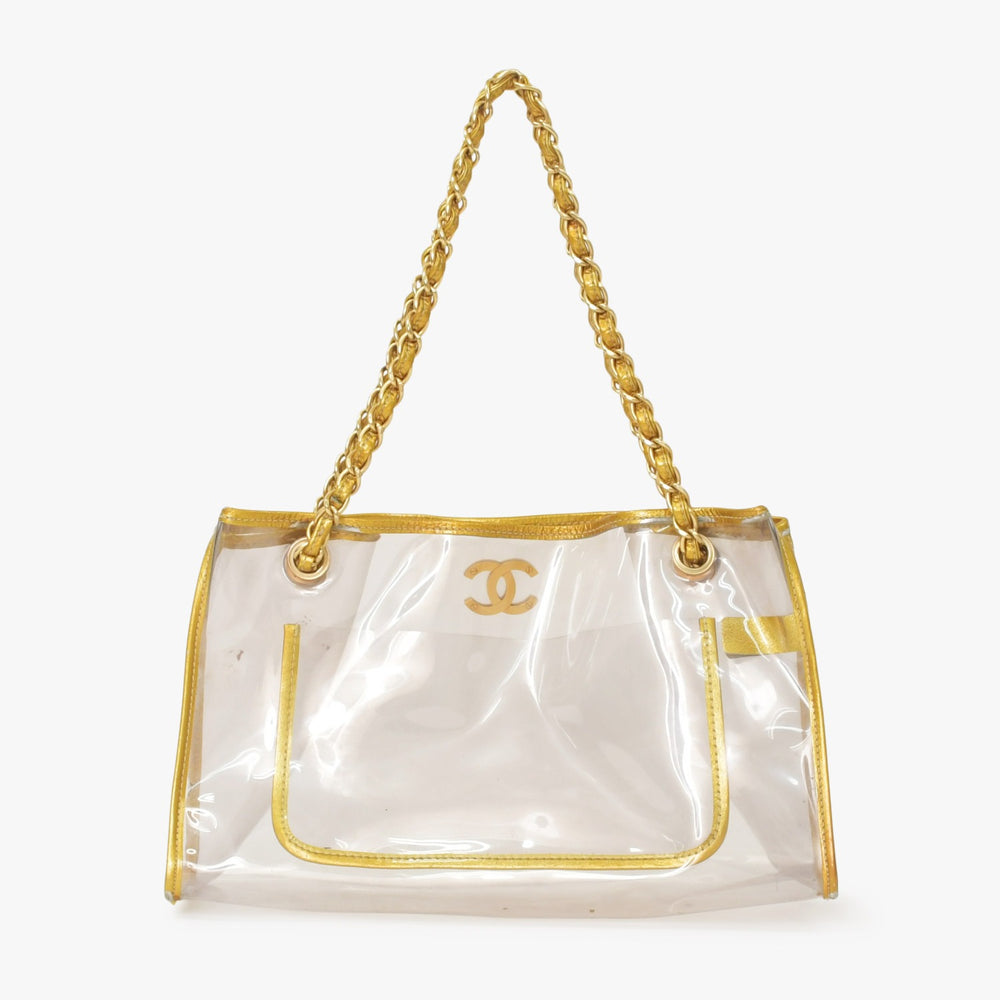 CHANEL Chain Tote Bag Coco Mark Vinyl Leather Gold Silver Clear Matte Gold Hardware Good Used 4a005254
