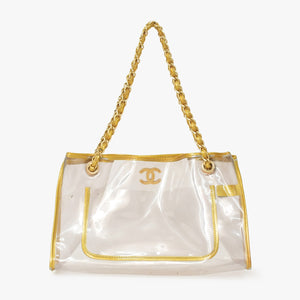 CHANEL シャネル チェーントートバッグ ココマーク ビニール レザー ゴールド シルバー クリア マットゴールド金具 良品 中古 4a005254