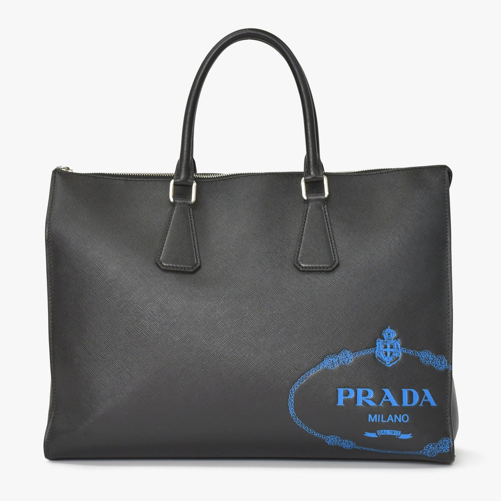 極美品 PRADA プラダ トートバッグ ブリーフケース ビジネスバッグ サファーノレザー ブラック ブルー シルバー金具 中古 4a005269