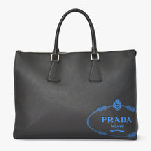 画像をギャラリービューアに読み込む, 極美品 PRADA プラダ トートバッグ ブリーフケース ビジネスバッグ サファーノレザー ブラック ブルー シルバー金具 中古 4a005269