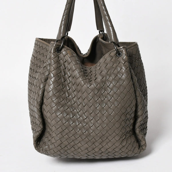 BOTTEGA VENETA ボッテガヴェネタ イントレチャート ハンドバッグ B00860011A ラムスキン チャコールグレー 美品 中古 4a005274