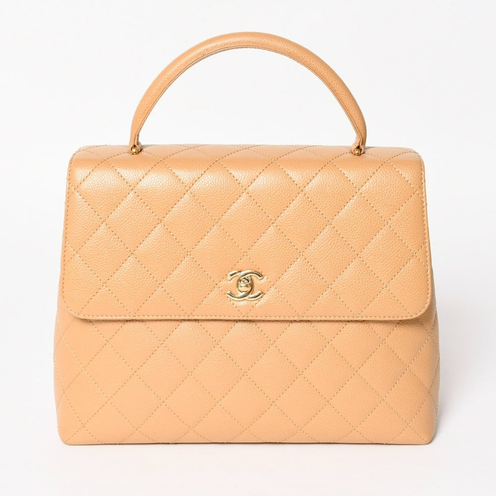 極美品 CHANEL シャネル トップハンドルバッグ ハンドバッグ ココマーク マトラッセ キャビアスキン ベージュ ゴールド金具 8番台 中古 4a005313