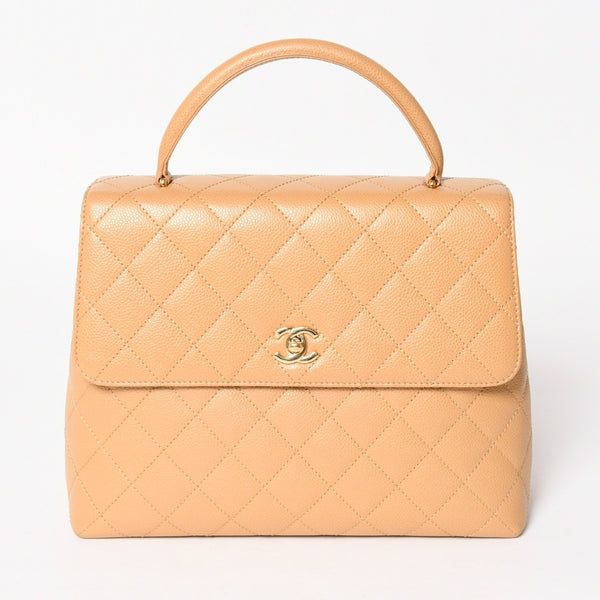Very Good Condition CHANEL Top Handle Bag Handbag Coco Mark Matelasse Caviar Skin Beige Gold Hardware No. 8 Used 4a005313