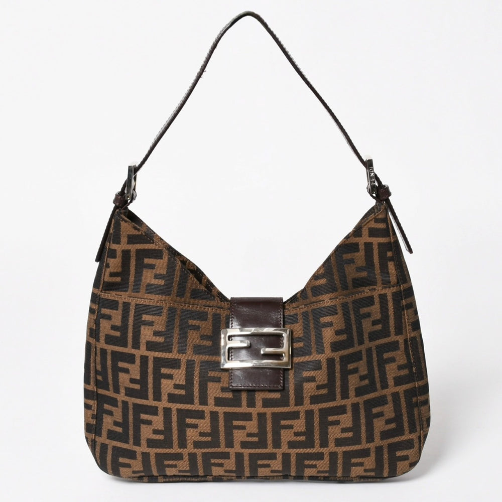 FENDI フェンディ ズッカ柄 セミショルダーバッグ マンマバケット ホーボータイプ 26569 キャンバス レザー ブラウン シルバー金具 美品 中古 4a005281