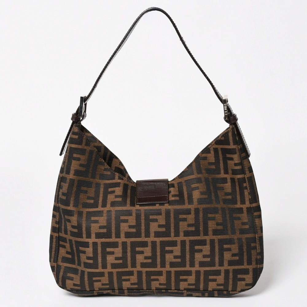 FENDI フェンディ ズッカ柄 セミショルダーバッグ マンマバケット ホーボータイプ 26569 キャンバス レザー ブラウン シルバー金具 美品 中古 4a005281