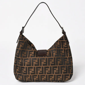 FENDI フェンディ ズッカ柄 セミショルダーバッグ マンマバケット ホーボータイプ 26569 キャンバス レザー ブラウン シルバー金具 美品 中古 4a005281