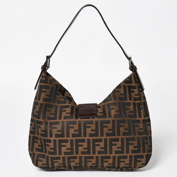 FENDI フェンディ ズッカ柄 セミショルダーバッグ マンマバケット ホーボータイプ 26569 キャンバス レザー ブラウン シルバー金具 美品 中古 4a005281