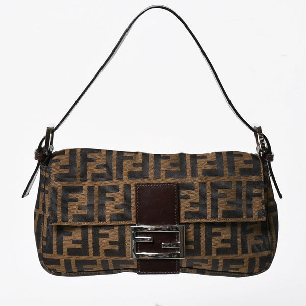 極美品 FENDI フェンディ マンマバケット ワンショルダーバッグ ズッカ柄 総柄 ブラウン キャンバス レザー シルバー金具 中古 4a005270