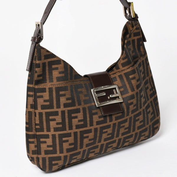 FENDI フェンディ ズッカ柄 セミショルダーバッグ マンマバケット ホーボータイプ 26569 キャンバス レザー ブラウン シルバー金具 美品 中古 4a005281
