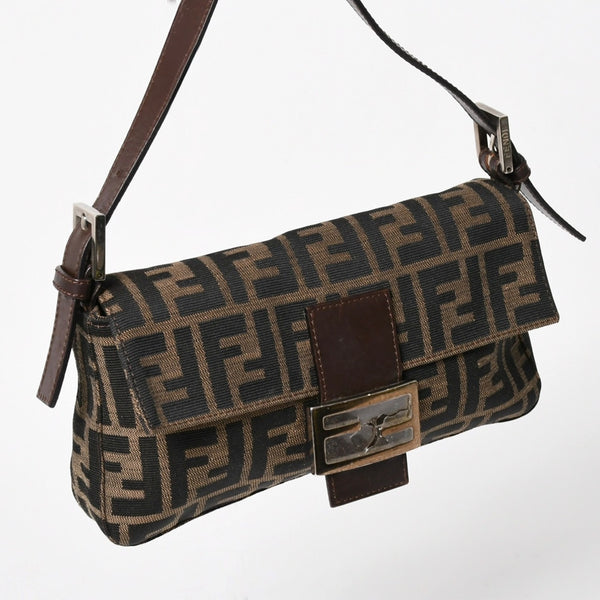Very Good Condition FENDI Mamma Bucket One Shoulder Bag 26424 Canvas Leather Brown Zucca Pattern Silver Hardware Used 4a005282