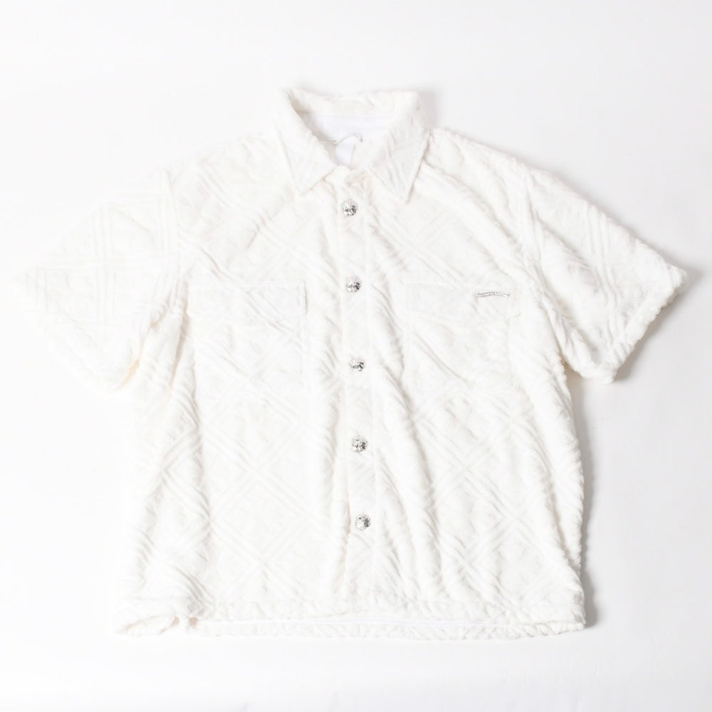 極美品 CHROME HEARTS クロムハーツ パイル生地 CHプラス総柄 半袖シャツ サイズXXL ホワイト シルバー金具 中古 4a005367