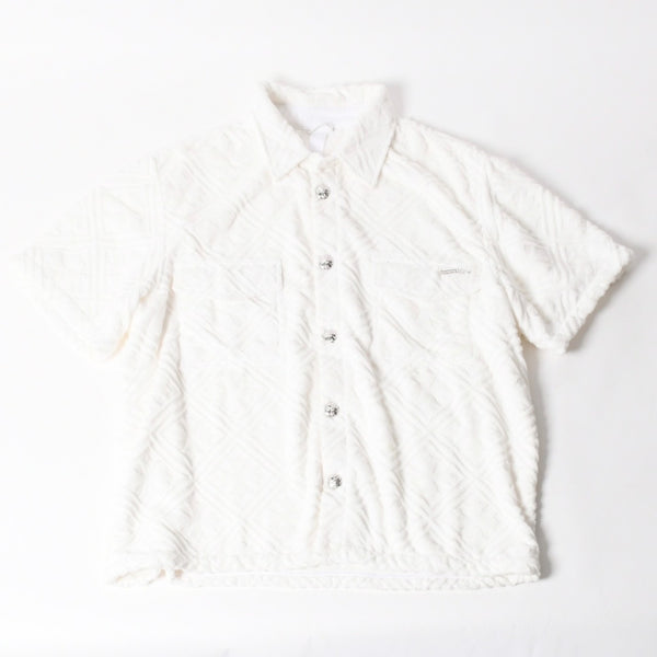 極美品 CHROME HEARTS クロムハーツ パイル生地 CHプラス総柄 半袖シャツ サイズXXL ホワイト シルバー金具 中古 4a005367