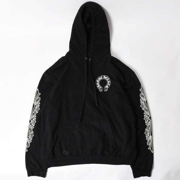 CHROME HEARTS クロムハーツ プルオーバーフーディー パーカー サイズXL フローラルクロス ホースシュー ブラック 美品 中古 4a005381