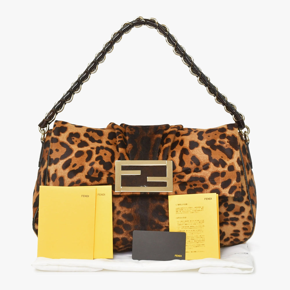 極美品 FENDI フェンディ ショルダーバッグ ワンショルダーバッグ マンマバケット シルバー金具 レオパード レザー ハラコ 中古 4a005306