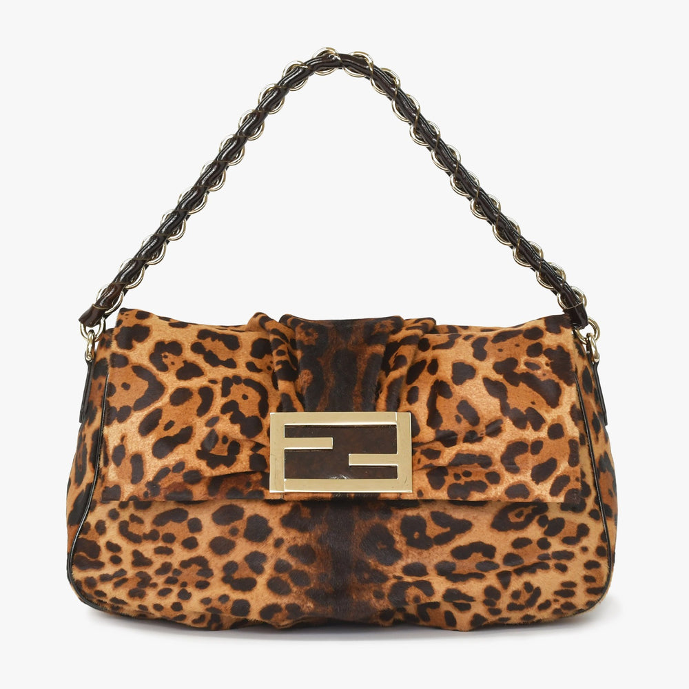 極美品 FENDI フェンディ ショルダーバッグ ワンショルダーバッグ マンマバケット シルバー金具 レオパード レザー ハラコ 中古 4a005306