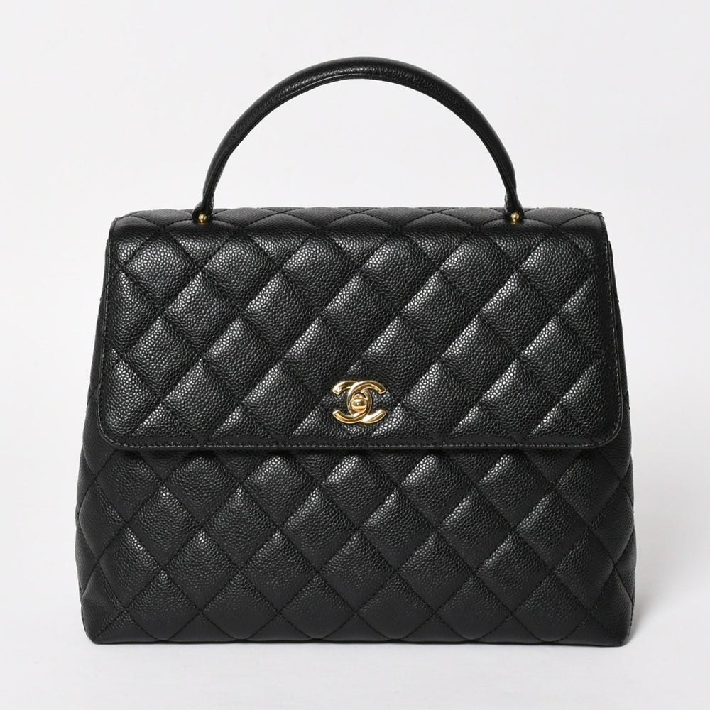 極美品 CHANEL シャネル マトラッセ キルティング ココマーク CC ハンドバッグ トップハンドルターンロック 8番台 キャビアスキン ブラック ゴールド金具 中古 4a005312