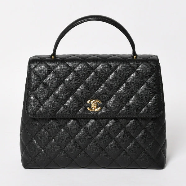 Very Good Condition CHANEL Chanel Matelasse Quilted Coco Mark CC Handbag Top Handle Turn Lock No. 8 Caviar Skin Black Gold Hardware Used 4a005312