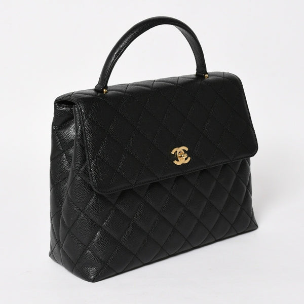 Very Good Condition CHANEL Chanel Matelasse Quilted Coco Mark CC Handbag Top Handle Turn Lock No. 8 Caviar Skin Black Gold Hardware Used 4a005312