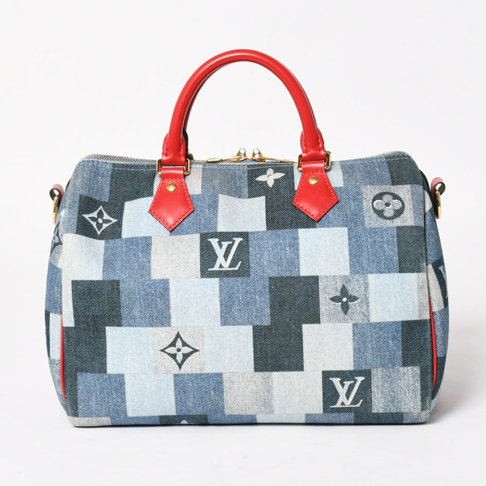 極美品 LOUIS VUITTON ルイヴィトン スピーディ30 モノグラム デニム スクエア パッチワーク M45041 ブルー レッド ゴールド金具 中古 4a005305