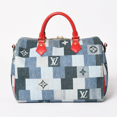 極美品 LOUIS VUITTON ルイヴィトン スピーディ30 モノグラム デニム スクエア パッチワーク M45041 ブルー レッド ゴールド金具 中古 4a005305