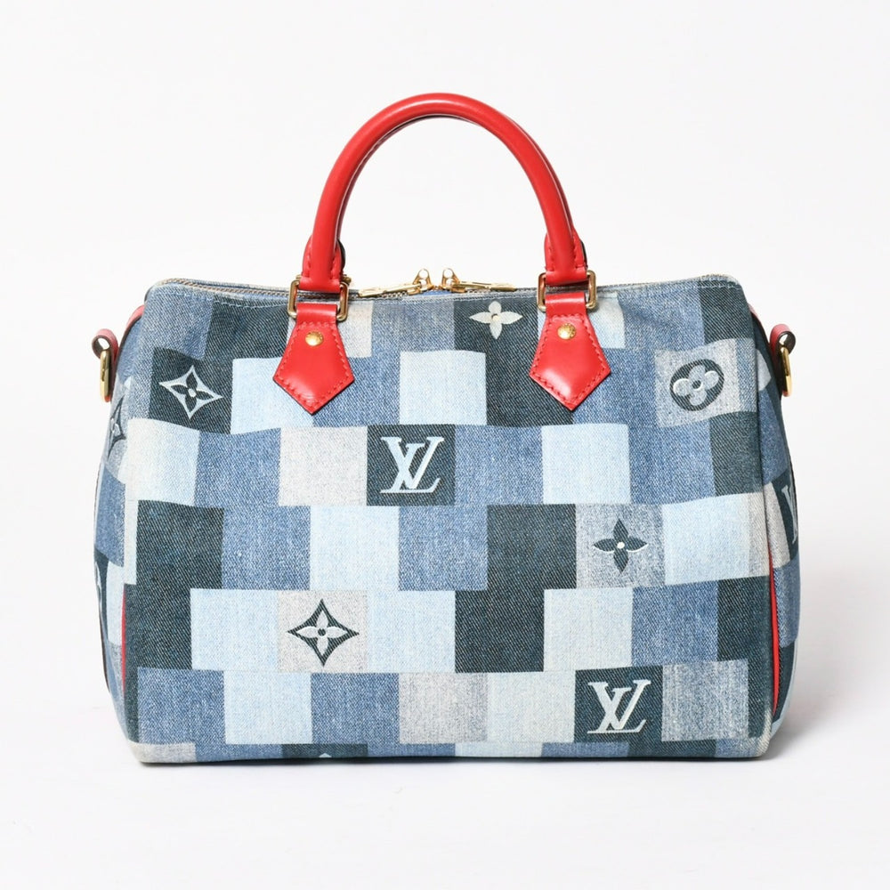 極美品 LOUIS VUITTON ルイヴィトン スピーディ30 モノグラム デニム スクエア パッチワーク M45041 ブルー レッド ゴールド金具 中古 4a005305